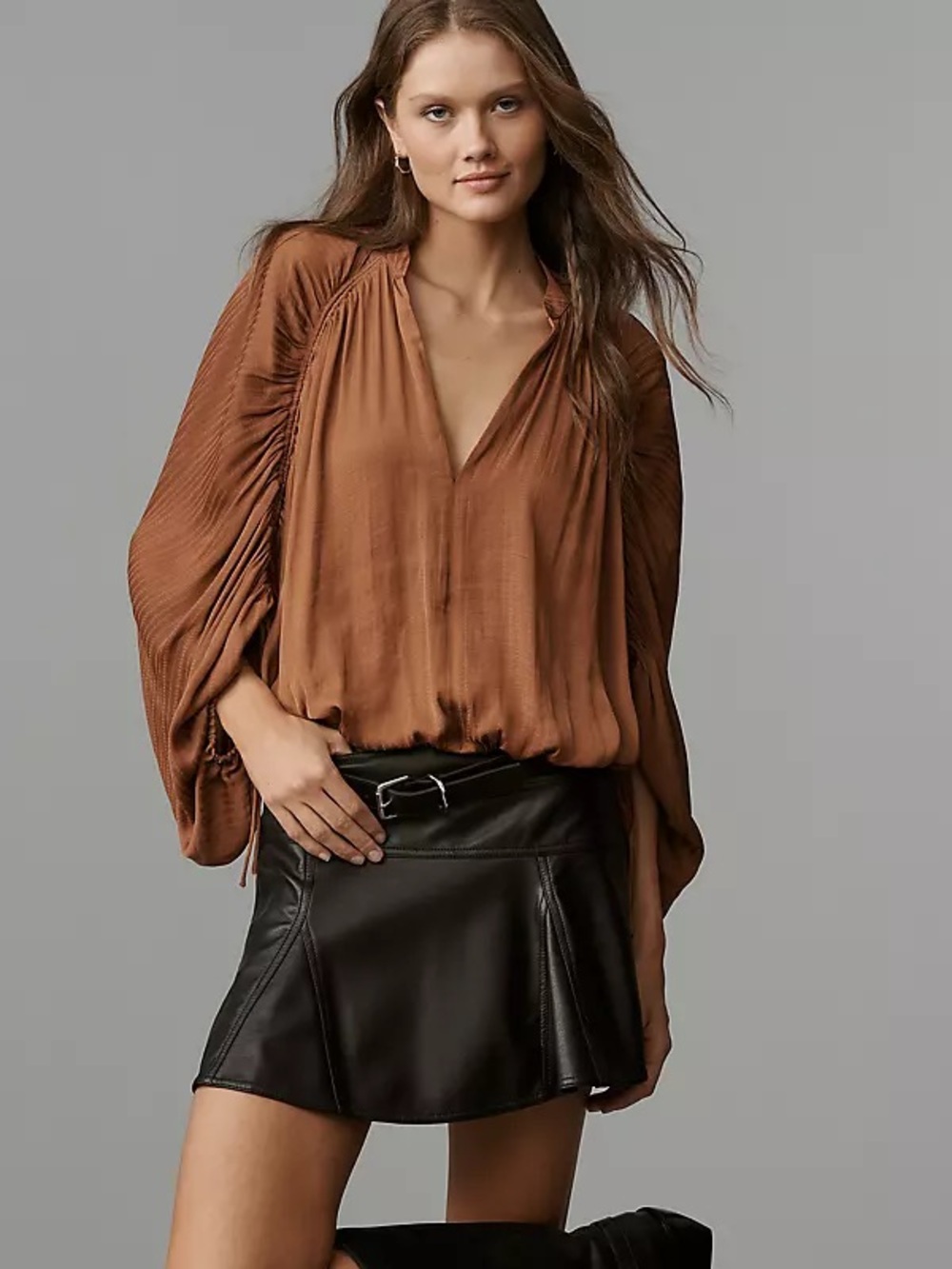 Anthropologie Ruched Dolman Sleeve Top Brown | Size M Boho Western Flowy